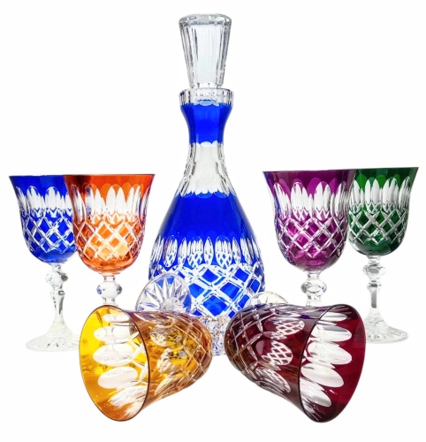 Luxury Multicolor Crystal Wine Set – Carafe 800 ml &amp; 6 Glasses 220 ml – Olive Grid Cut